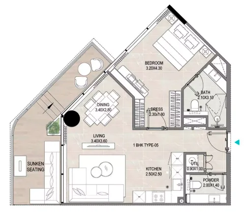 Floor plan, 1 Bed, 833 sq ft