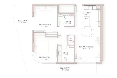Floor plan, 2 Beds, 1,294 sq ft