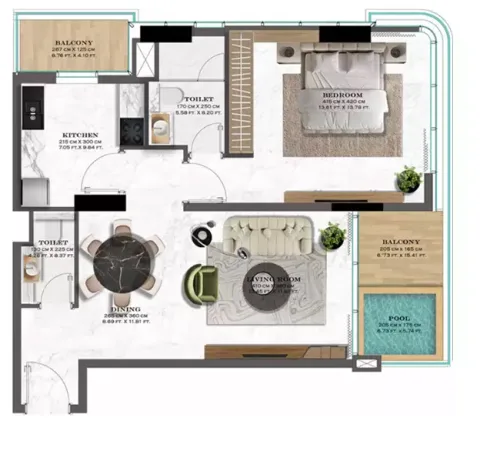 Floor plan, 1 Bed, 667 sq ft