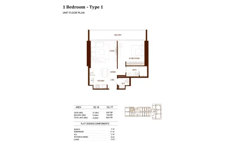 Floor plan, 1 Bed, 805 sq ft