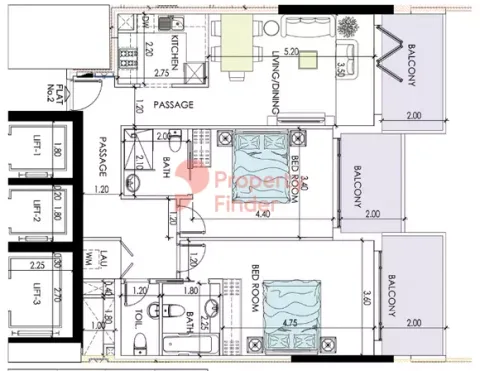 Floor plan, 2 Beds, 1,257 sq ft