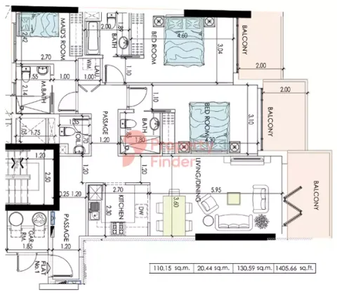 Floor plan, 2 Beds, 1,405 sq ft