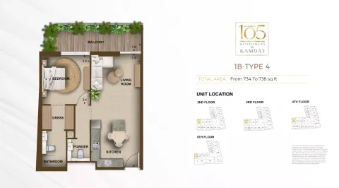 Floor plan, 1 Bed, 734 sq ft