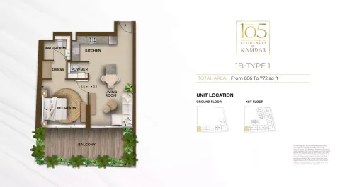 Floor plan, 1 Bed, 686 sq ft