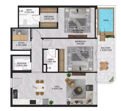 Floor plan, 2 Beds, 1,284 sq ft