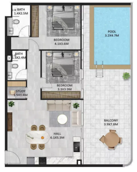 Floor plan, 2 Beds, 1,434 sq ft