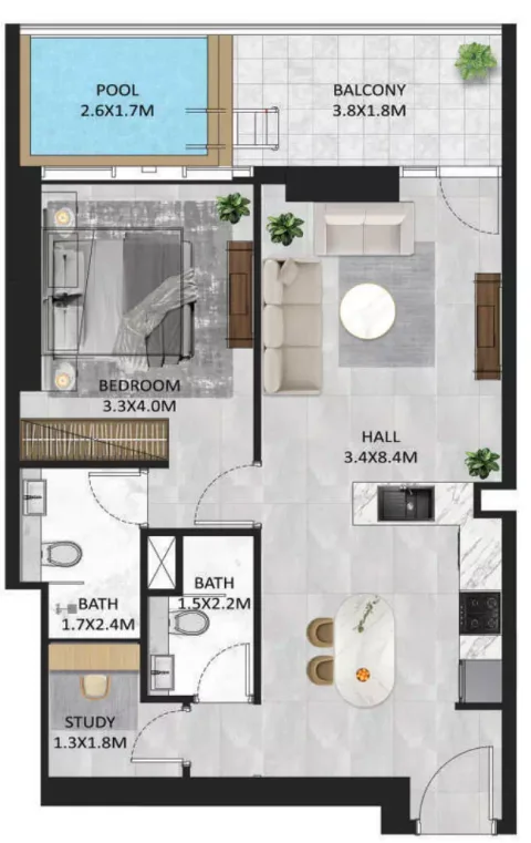 Floor plan, 1 Bed, 796 sq ft