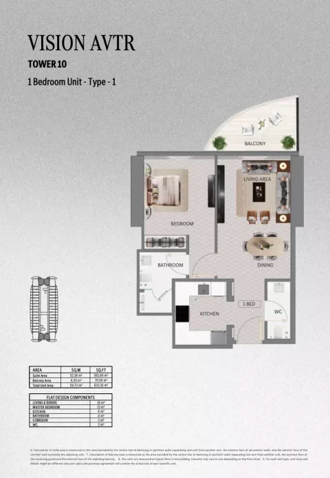 Floor plan, 1 Bed, 632 sq ft
