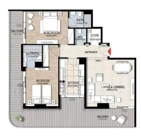Floor plan, 2 Beds, 1,393 sq ft