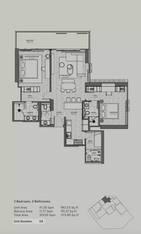 Floor plan, 2 Beds, 1,173 sq ft