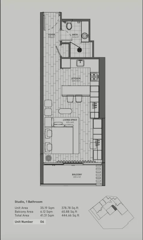 Floor plan, Studio, 444 sq ft