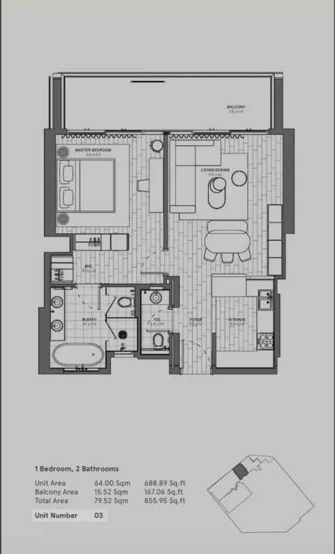 Floor plan, 1 Bed, 855 sq ft