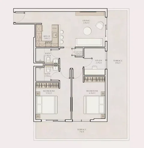 Floor plan, 2 Beds, 1,009 sq ft
