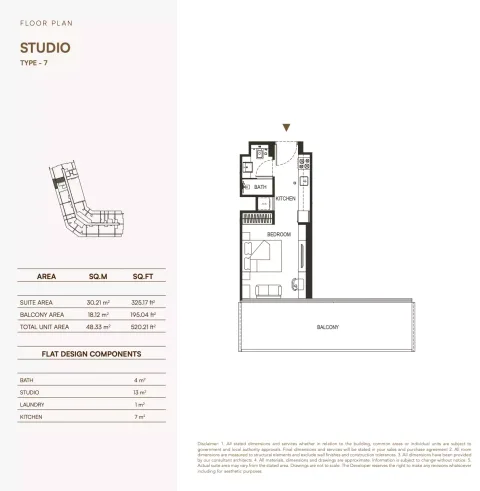 Floor plan, Studio, 520 sq ft