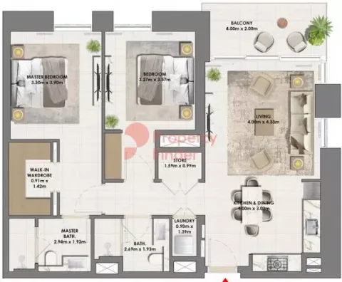 Floor plan, 2 Beds, 1,063 sq ft