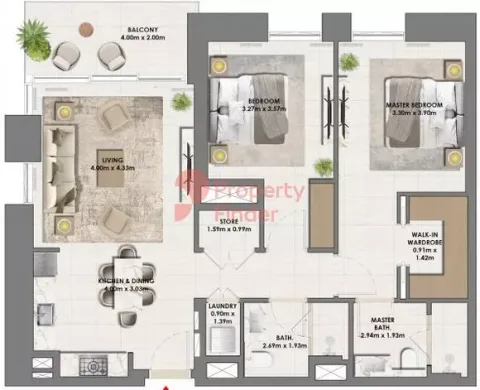 Floor plan, 2 Beds, 1,114 sq ft