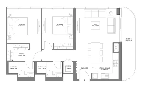 Floor plan, 2 Beds, 991 sq ft