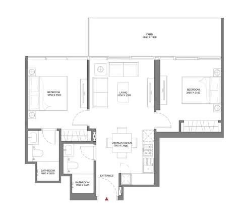 Floor plan, 2 Beds, 806 sq ft