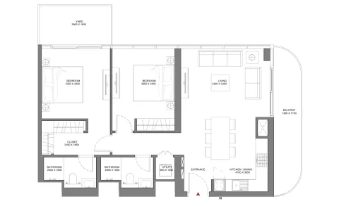 Floor plan, 2 Beds, 1,068 sq ft