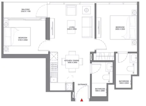 Floor plan, 2 Beds, 655 sq ft
