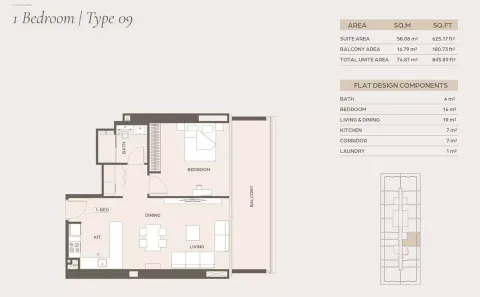 Floor plan, 1 Bed, 805 sq ft
