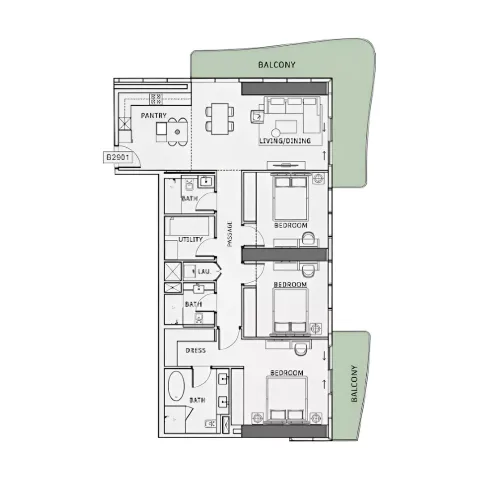 Floor plan, 3 Beds, 1,624 sq ft