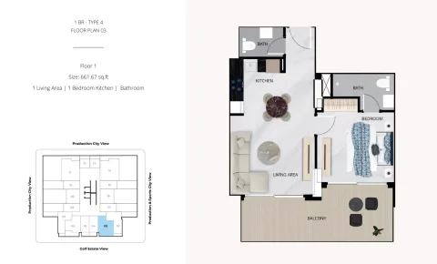 Floor plan, 1 Bed, 661 sq ft