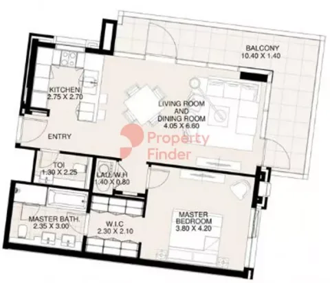 Floor plan, 1 Bed, 1,050 sq ft