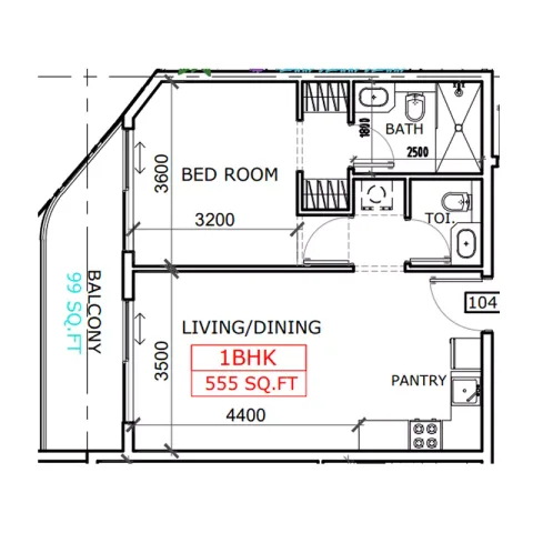 Floor plan, 1 Bed, 555 sq ft