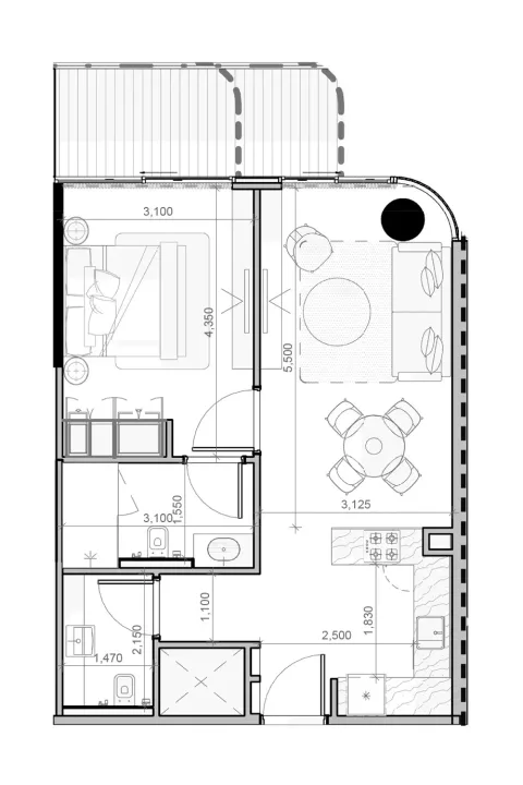Floor plan, 1 Bed, 696 sq ft