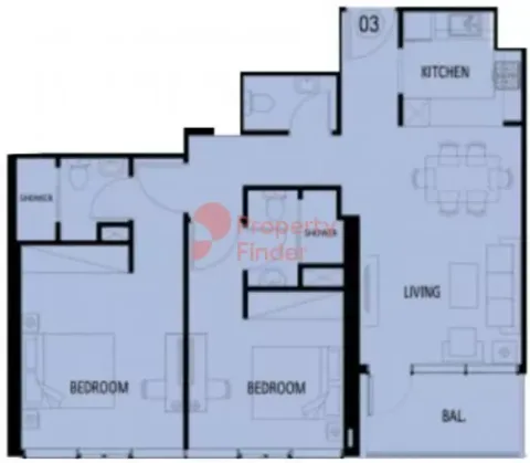 Floor plan, 2 Beds, 968 sq ft
