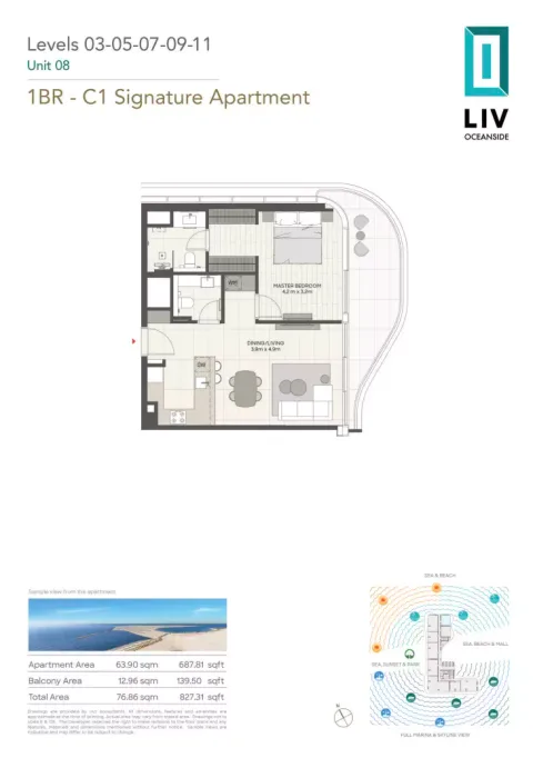 Floor plan, 1 Bed, 827 sq ft