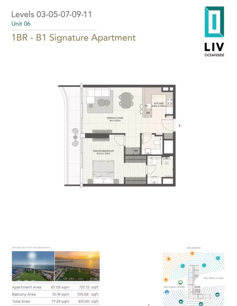 Floor plan, 1 Bed, 831 sq ft