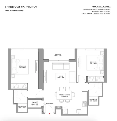 Floor plan, 2 Beds, 899 sq ft