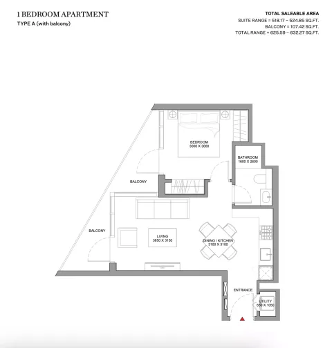 Floor plan, 1 Bed, 625 sq ft