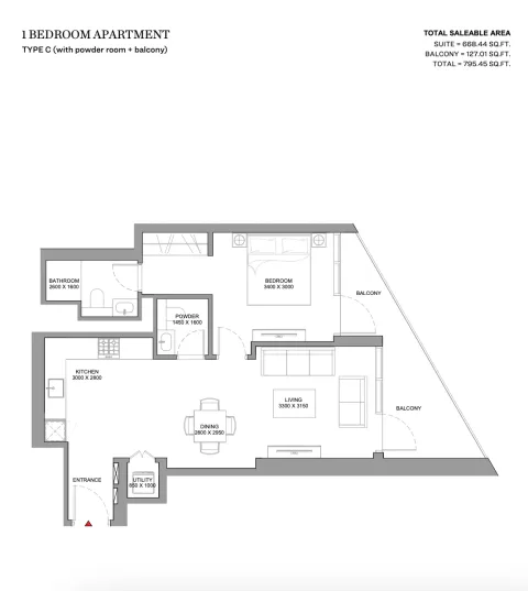Floor plan, 1 Bed, 795 sq ft