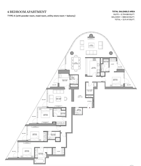 Floor plan, 4 Beds, 3,111 sq ft