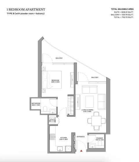 Floor plan, 1 Bed, 718 sq ft
