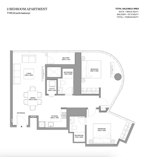 Floor plan, 2 Beds, 1,006 sq ft
