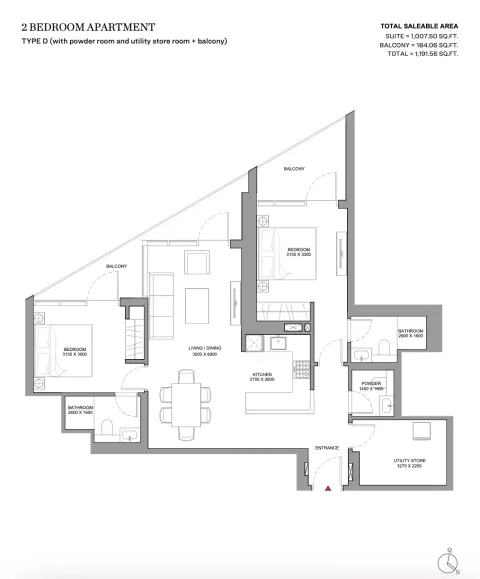 Floor plan, 2 Beds, 1,191 sq ft