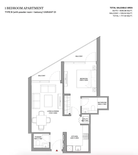 Floor plan, 1 Bed, 717 sq ft