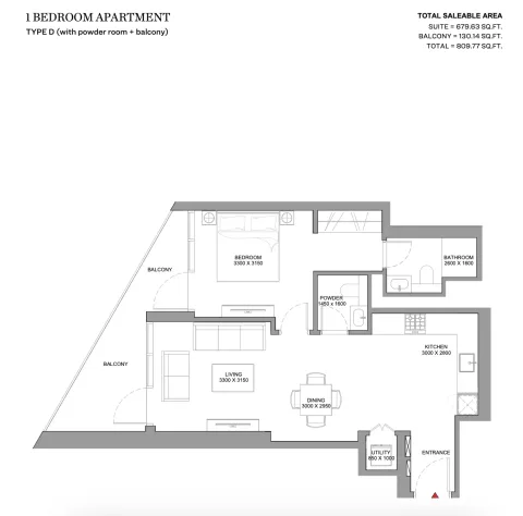 Floor plan, 1 Bed, 809 sq ft