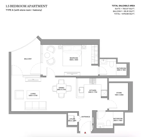 Floor plan, 2 Beds, 878 sq ft