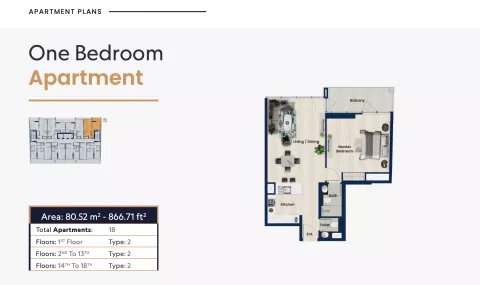Floor plan, 1 Bed, 866 sq ft