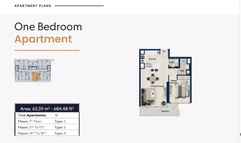 Floor plan, 1 Bed, 684 sq ft