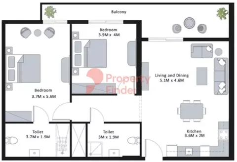 Floor plan, 2 Beds, 1,230 sq ft
