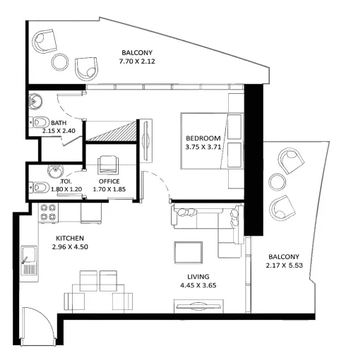 Floor plan, 1 Bed, 870 sq ft