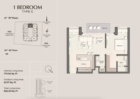 Floor plan, 1 Bed, 836 sq ft