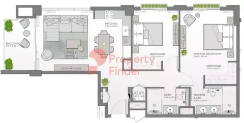 Floor plan, 2 Beds, 1,045 sq ft