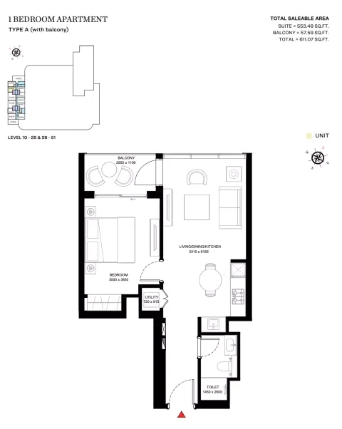 Floor plan, 1 Bed, 611 sq ft